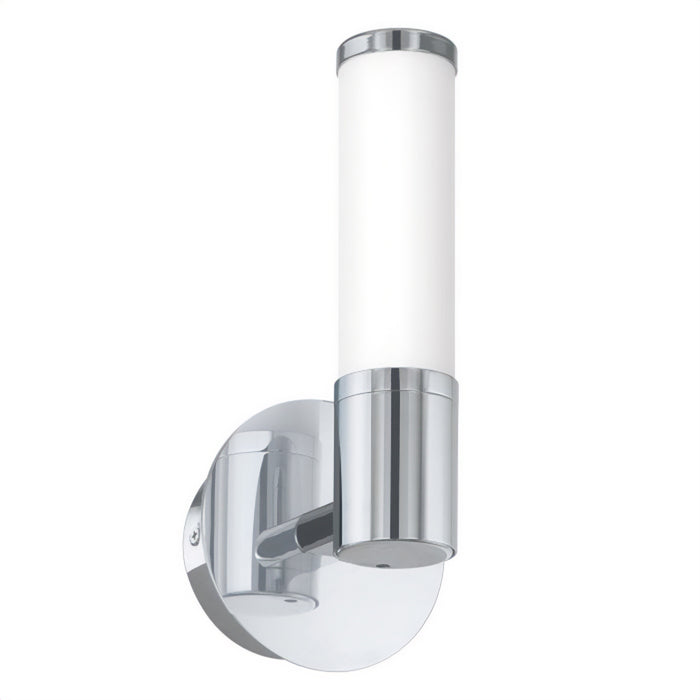 wall LIGHT applec circular back plate with extending arm in satin nickel finish with cyclindrical matt opal white glass shades 4.5W 3000K - Warm White IP44